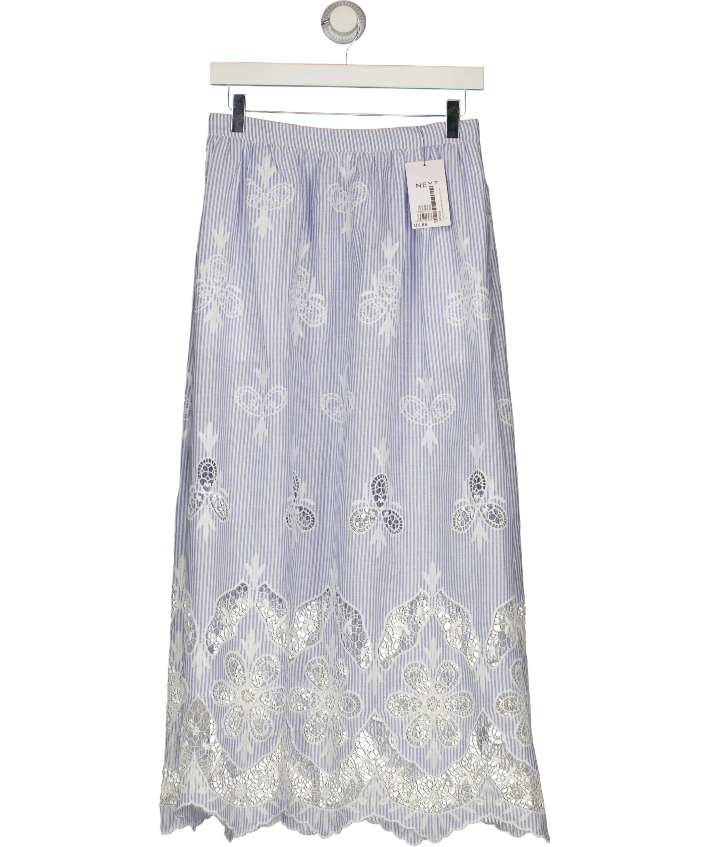 Next Blue Light Blue Striped Broderie Maxi Skirt, size UK 8 — front