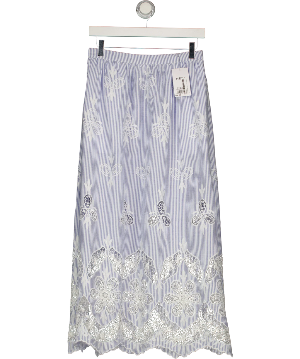 Next Blue Light Blue Striped Broderie Maxi Skirt, size UK 8 — front