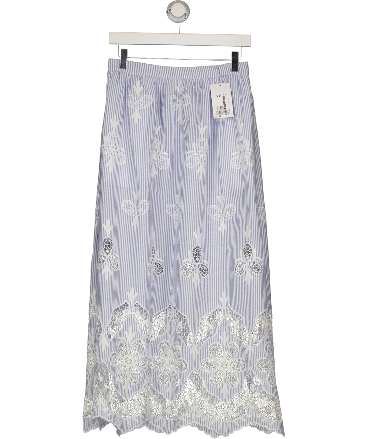 Next Blue Light Blue Striped Broderie Maxi Skirt, size UK 8 — front