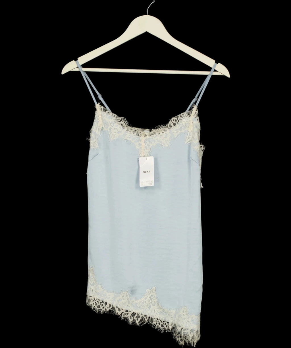 Next Blue Asymmetric Hem Lace Cami Top, size UK 6 — detail