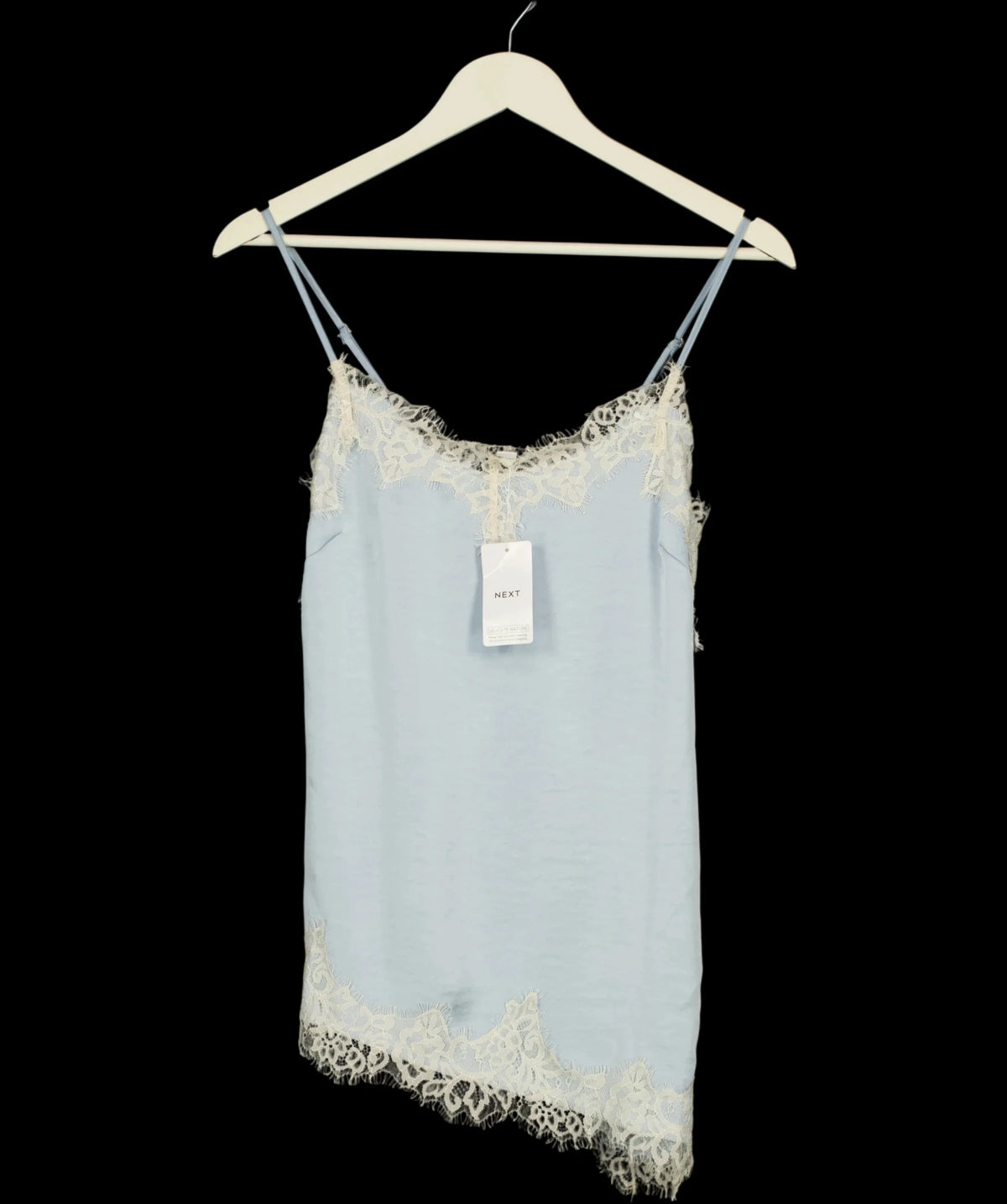 Next Blue Asymmetric Hem Lace Cami Top, size UK 6 — detail