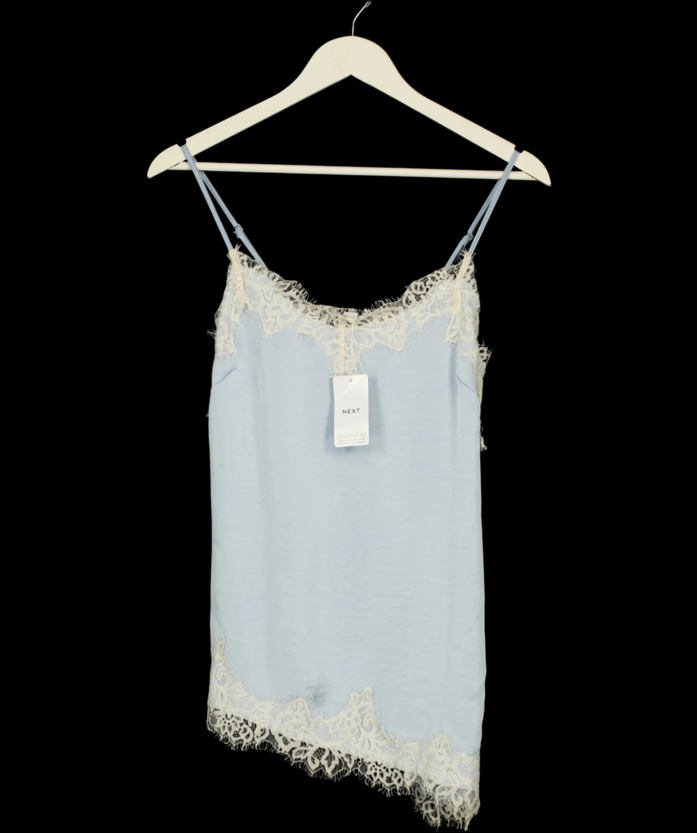 Next Blue Asymmetric Hem Lace Cami Top, size UK 6 — care label