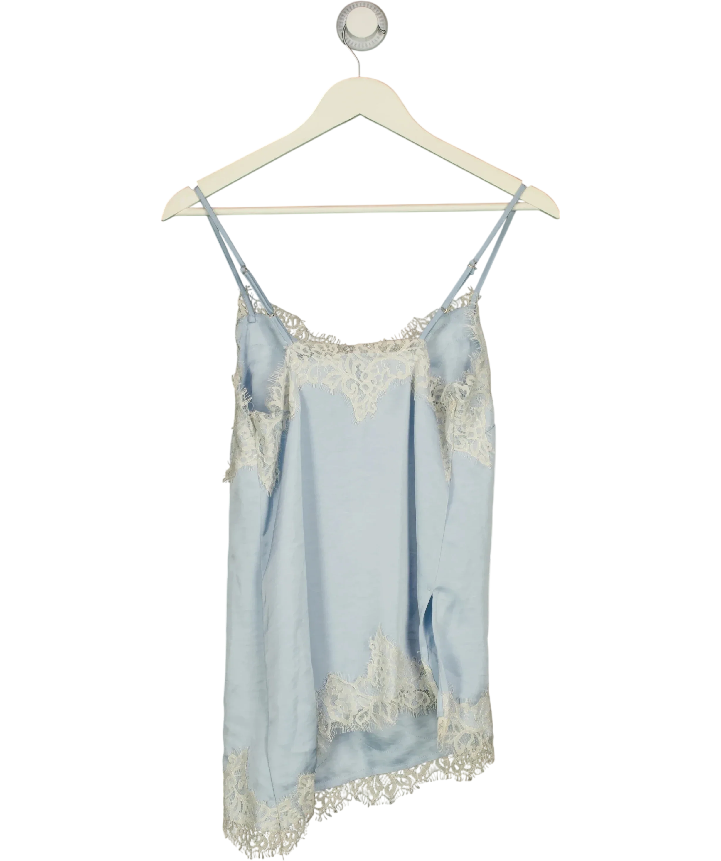 Next Blue Asymmetric Hem Lace Cami Top, size UK 6 — fabric detail