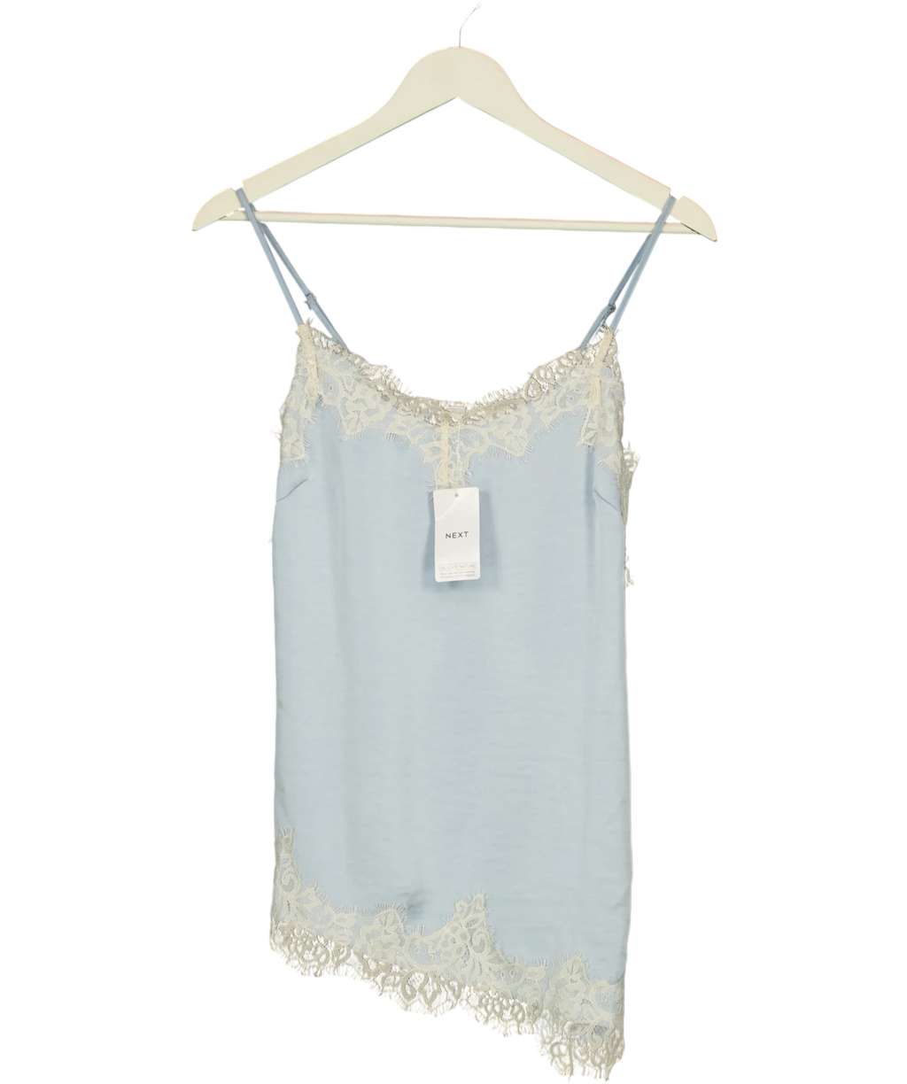 Next Blue Asymmetric Hem Lace Cami Top, size UK 6 — front