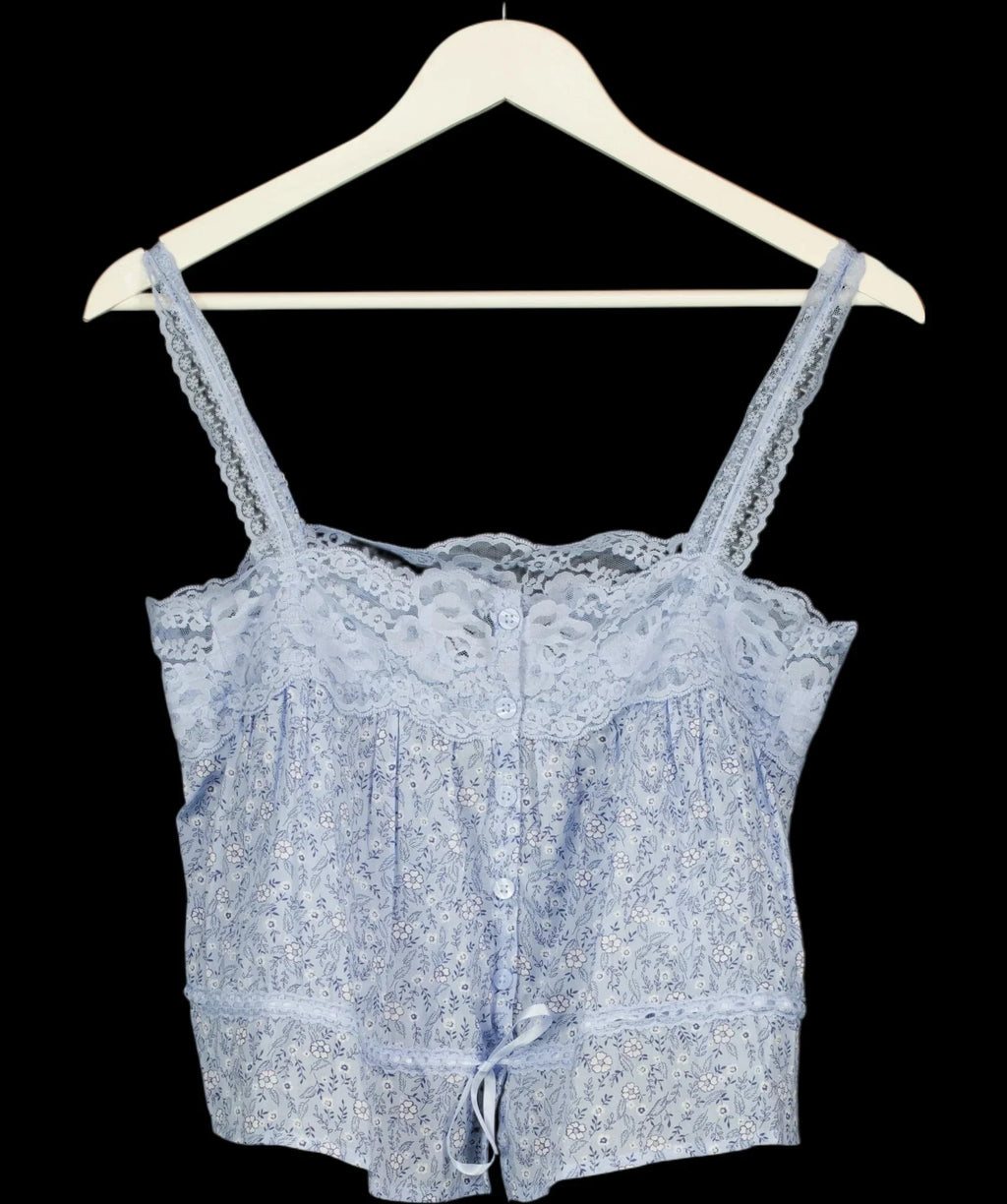ABERCROMBIE & FITCH Blue Lace-Trim Cinched Button-Through Cami Blue FLORAL, size UK XS — detail