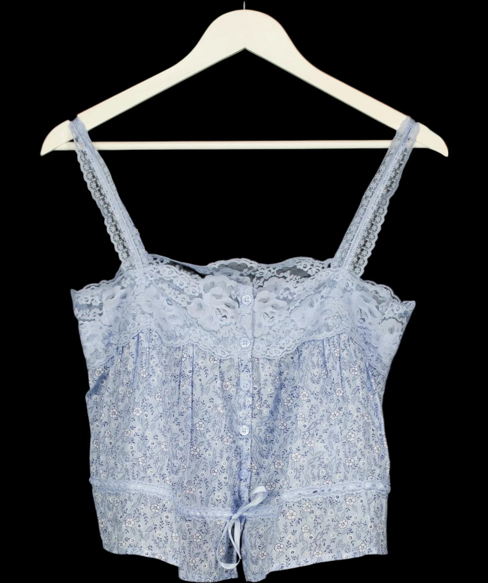ABERCROMBIE & FITCH Blue Lace-Trim Cinched Button-Through Cami Blue FLORAL, size UK XS — detail