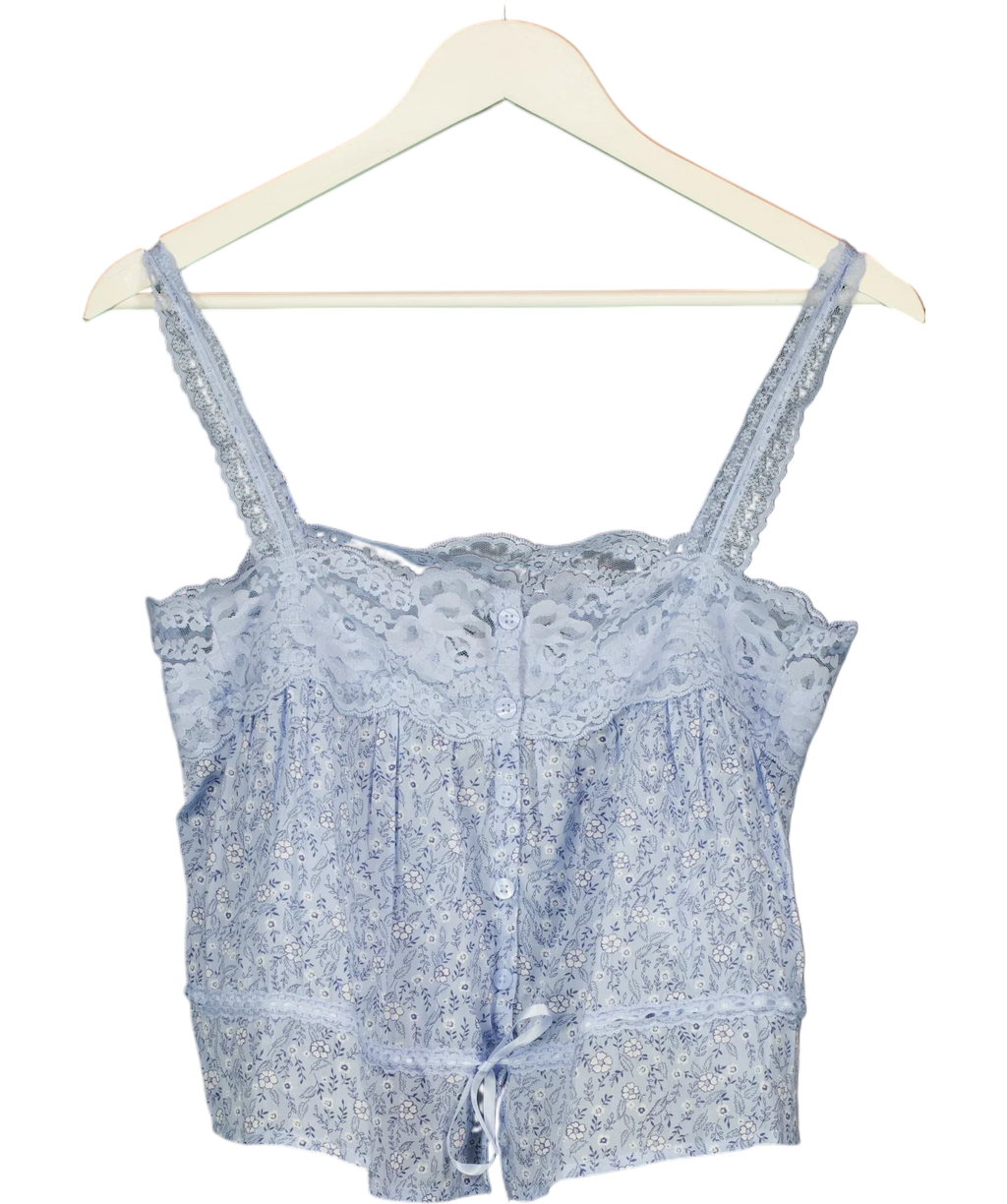 ABERCROMBIE & FITCH Blue Lace-Trim Cinched Button-Through Cami Blue FLORAL, size UK XS — front
