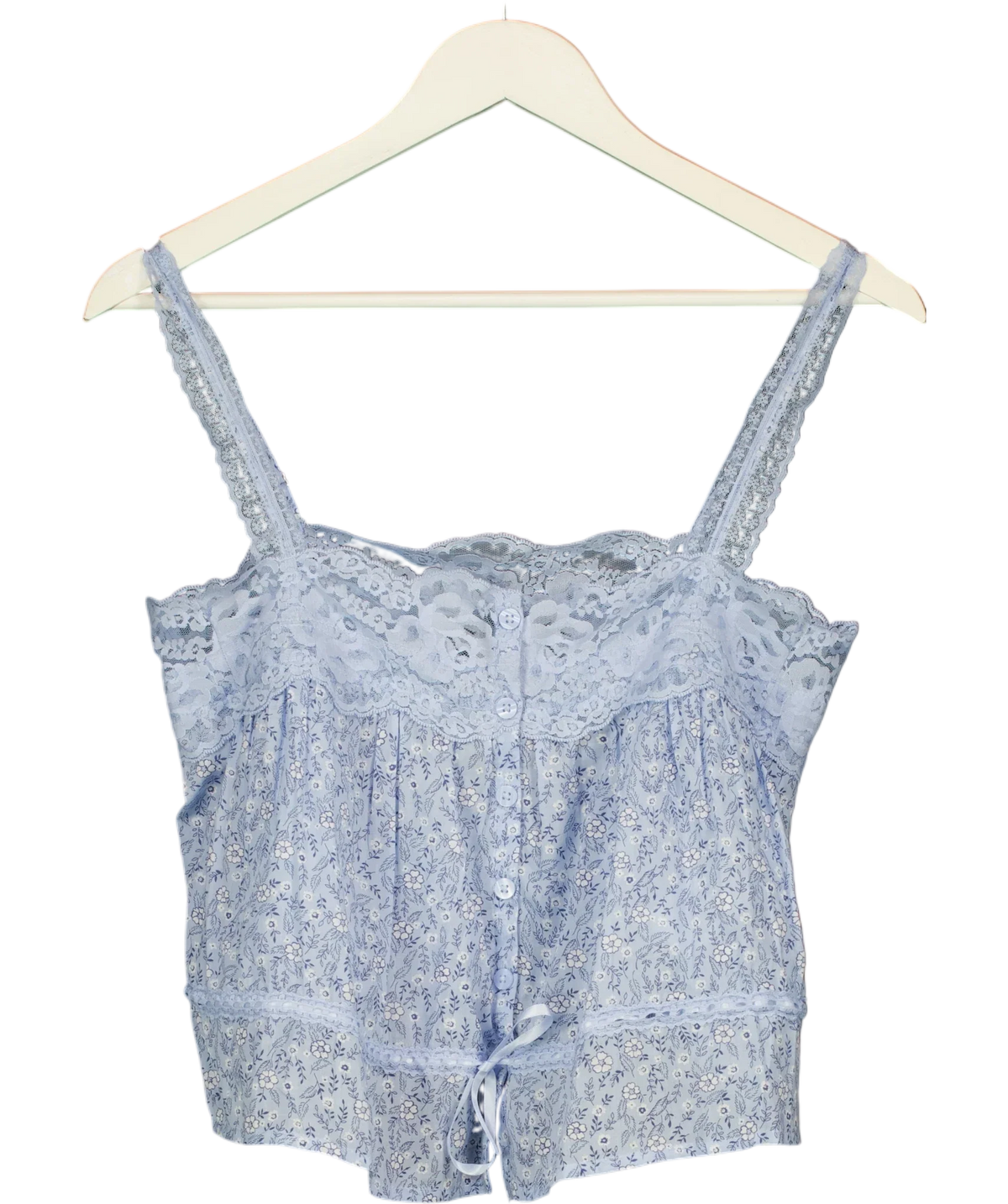 ABERCROMBIE & FITCH Blue Lace-Trim Cinched Button-Through Cami Blue FLORAL, size UK XS — front