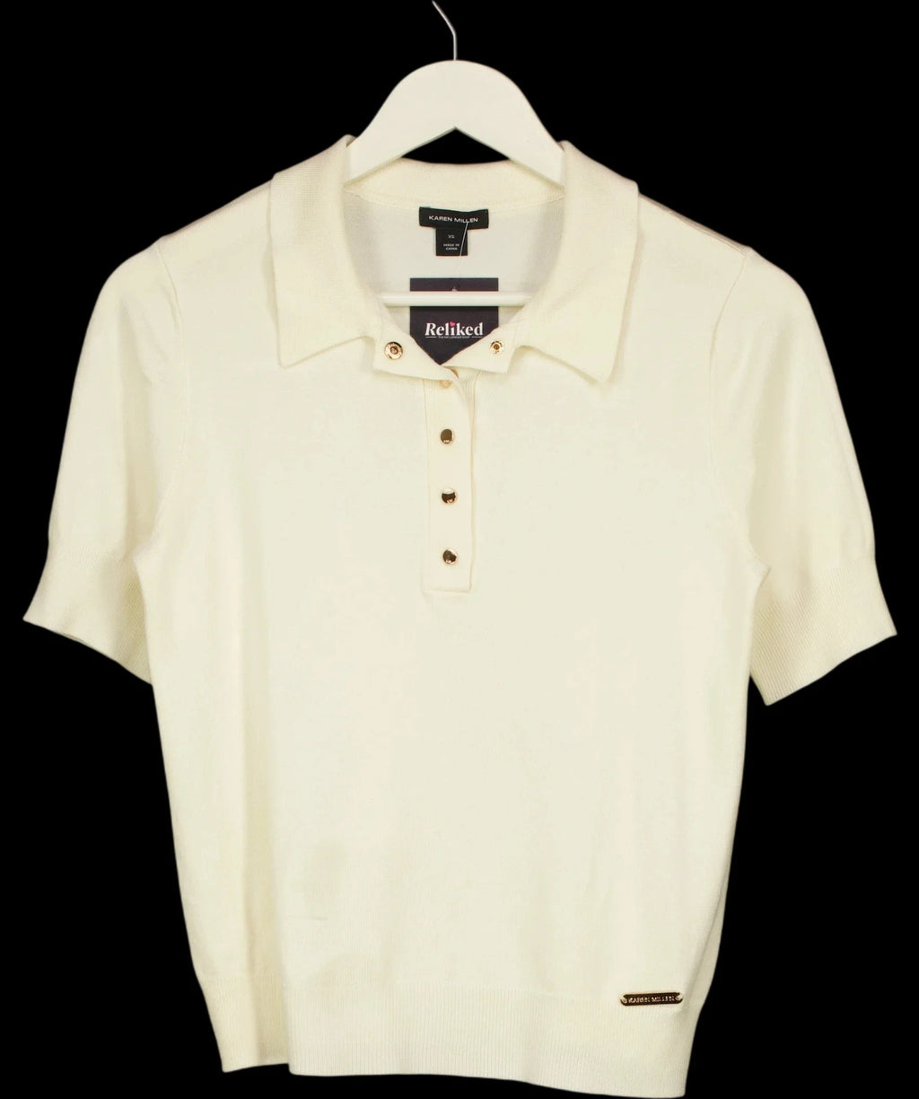 KAREN MILLEN Cream Supersoft Knit Short Sleeve Polo Top Cream, size UK XS — care label
