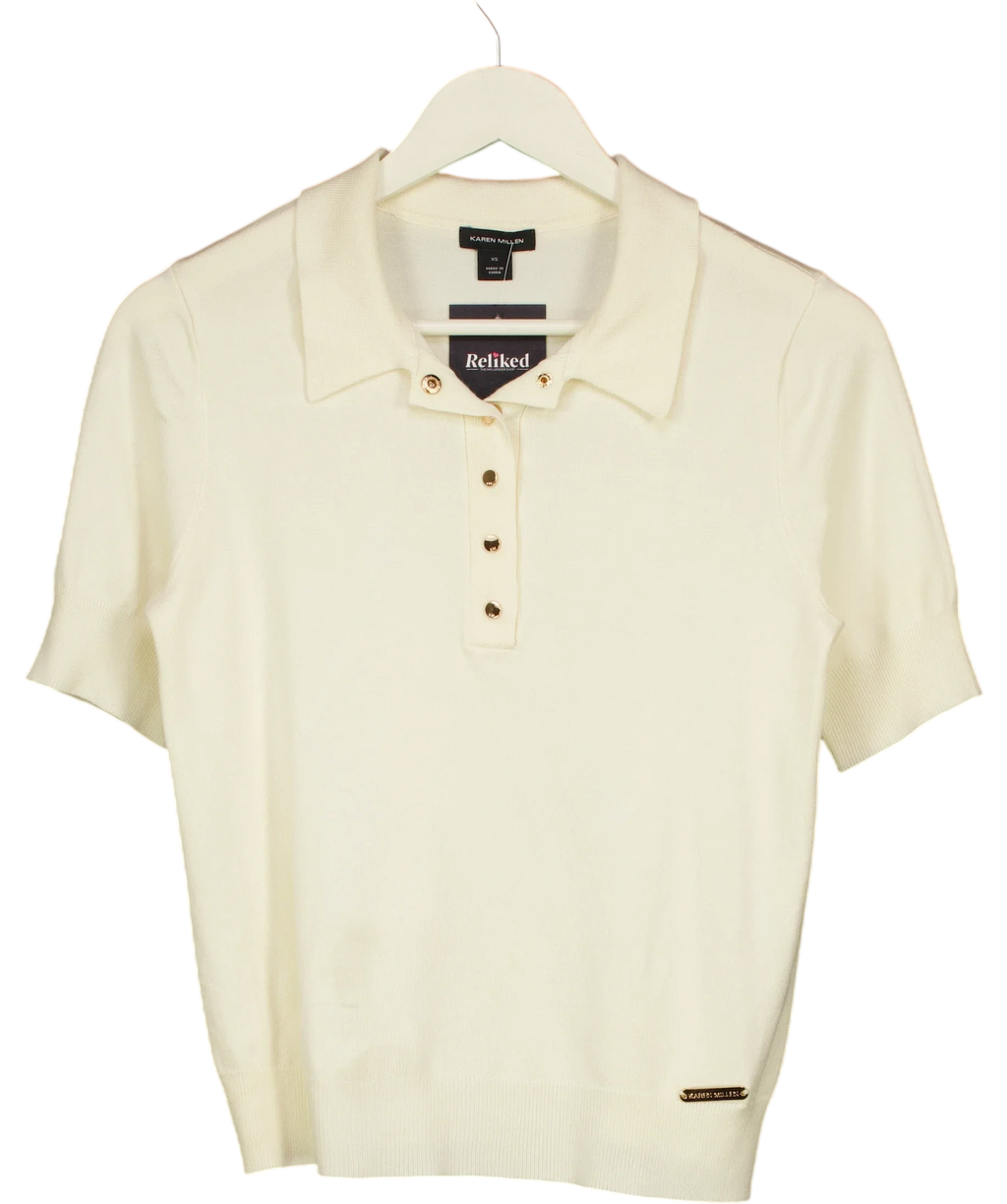 KAREN MILLEN Cream Supersoft Knit Short Sleeve Polo Top Cream, size UK XS — front