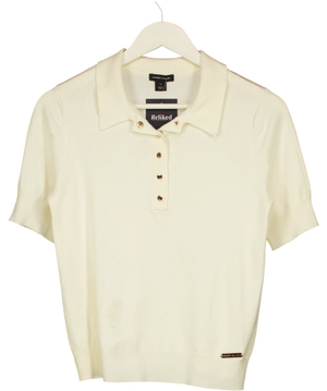 KAREN MILLEN Supersoft Knit Short Sleeve Polo Top Cream UK XS