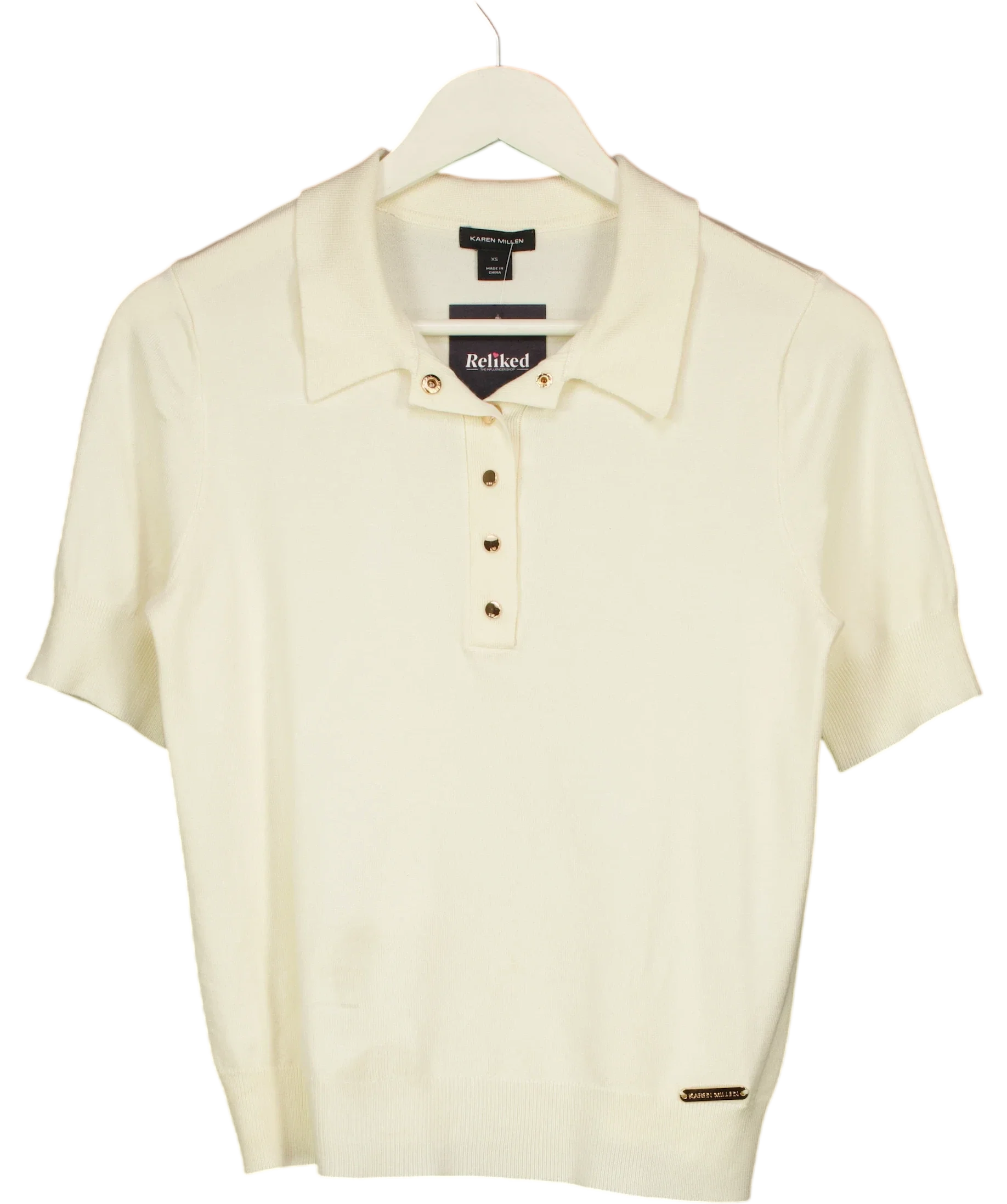 KAREN MILLEN Cream Supersoft Knit Short Sleeve Polo Top Cream, size UK XS — front
