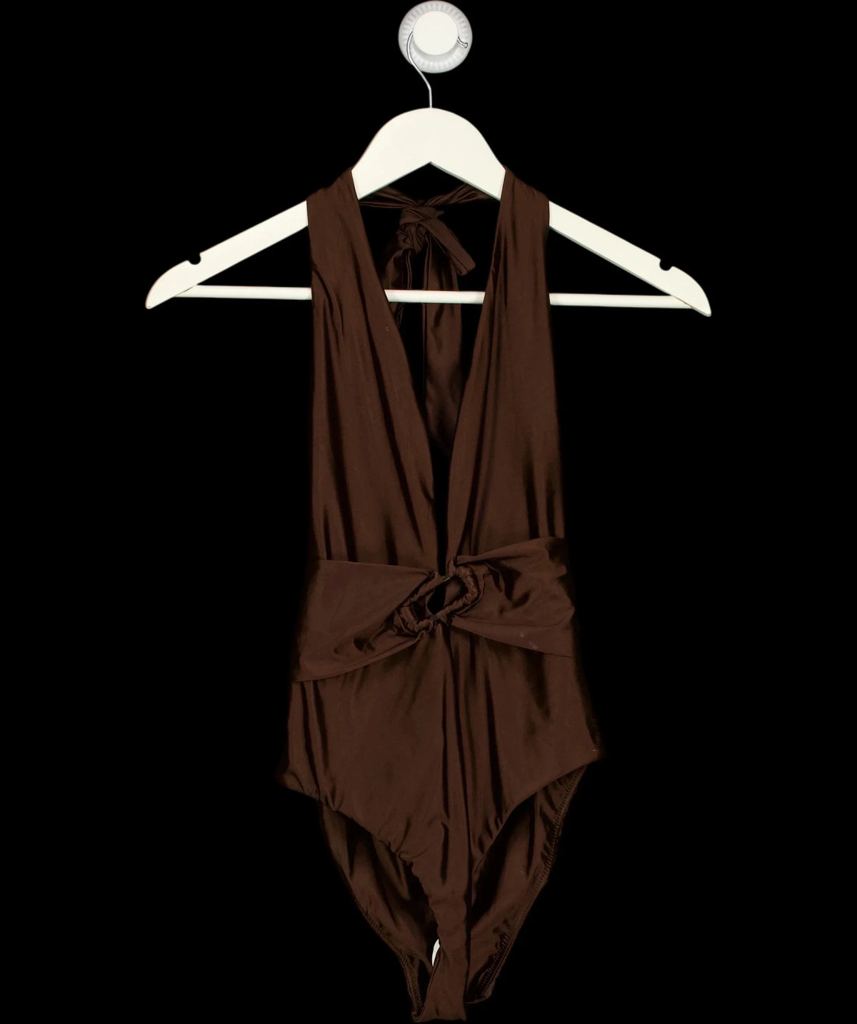 KAREN MILLEN Brown Halter Plunging Ring Detail One-Piece Swimsuit Brown, size UK XS — detail