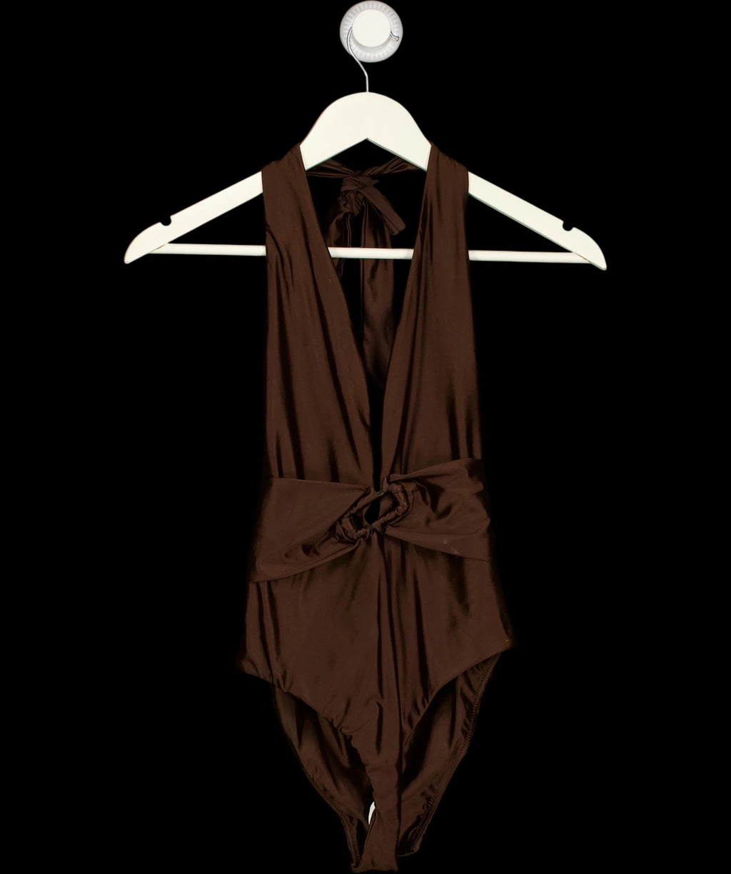 KAREN MILLEN Brown Halter Plunging Ring Detail One-Piece Swimsuit Brown, size UK XS — detail