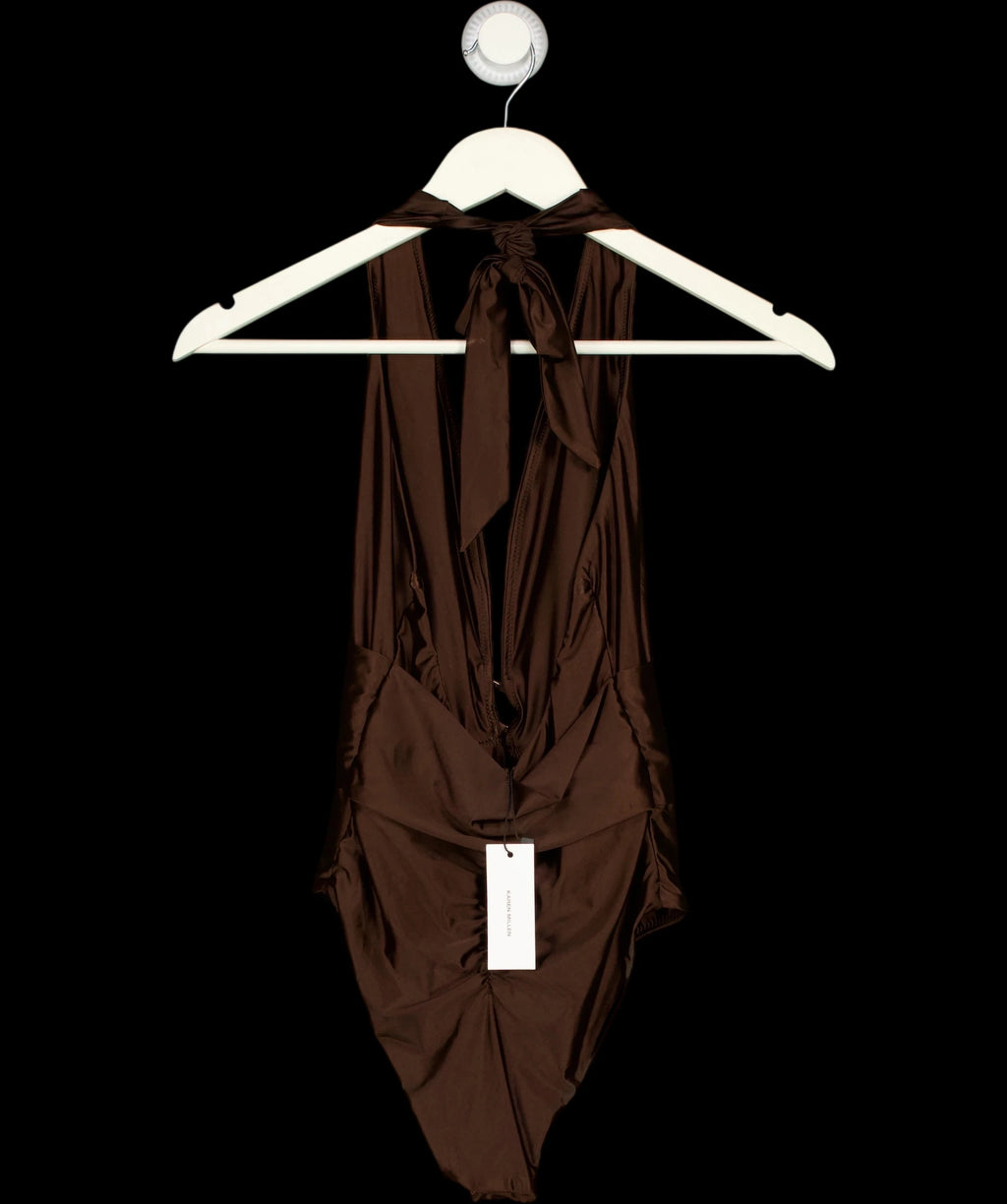 KAREN MILLEN Brown Halter Plunging Ring Detail One-Piece Swimsuit Brown, size UK XS — label
