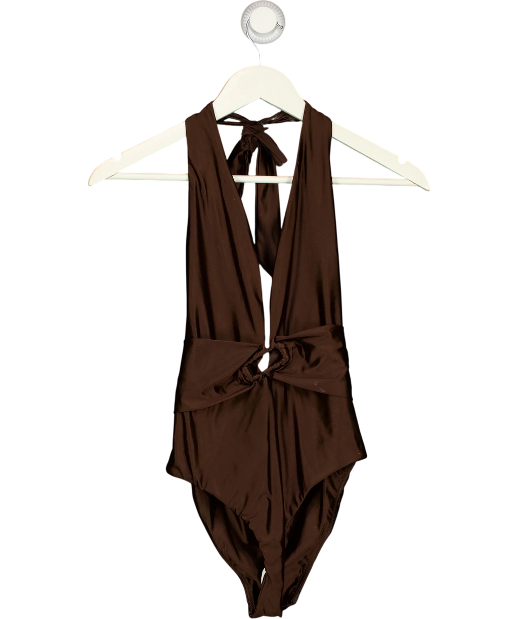 KAREN MILLEN Brown Halter Plunging Ring Detail One-Piece Swimsuit Brown, size UK XS — front