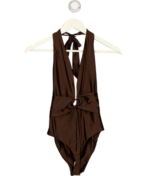 KAREN MILLEN Halter Plunging Ring Detail One-piece Swimsuit Brown UK XS