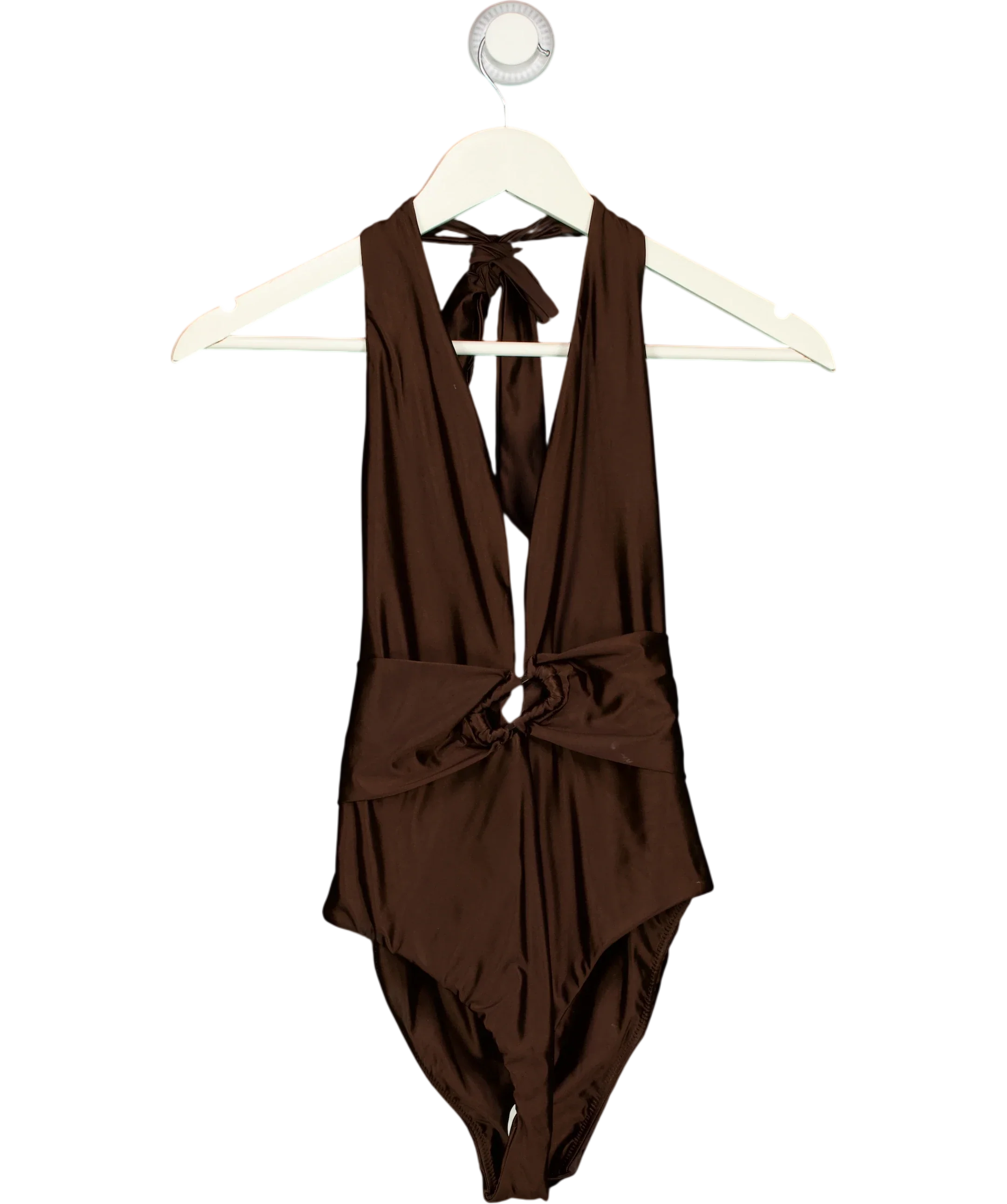 KAREN MILLEN Brown Halter Plunging Ring Detail One-Piece Swimsuit Brown, size UK XS — front