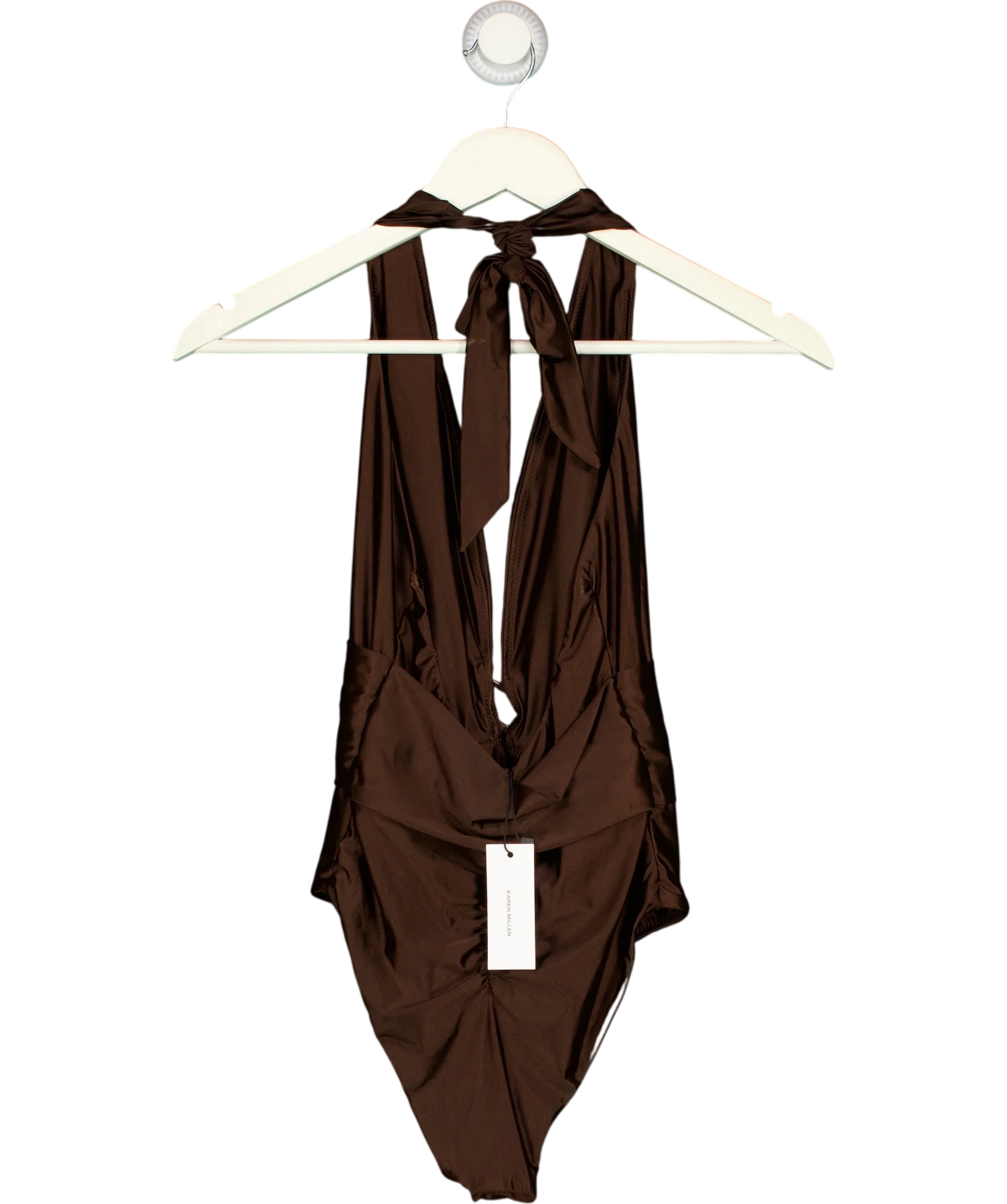 KAREN MILLEN Brown Halter Plunging Ring Detail One-Piece Swimsuit Brown, size UK XS — back