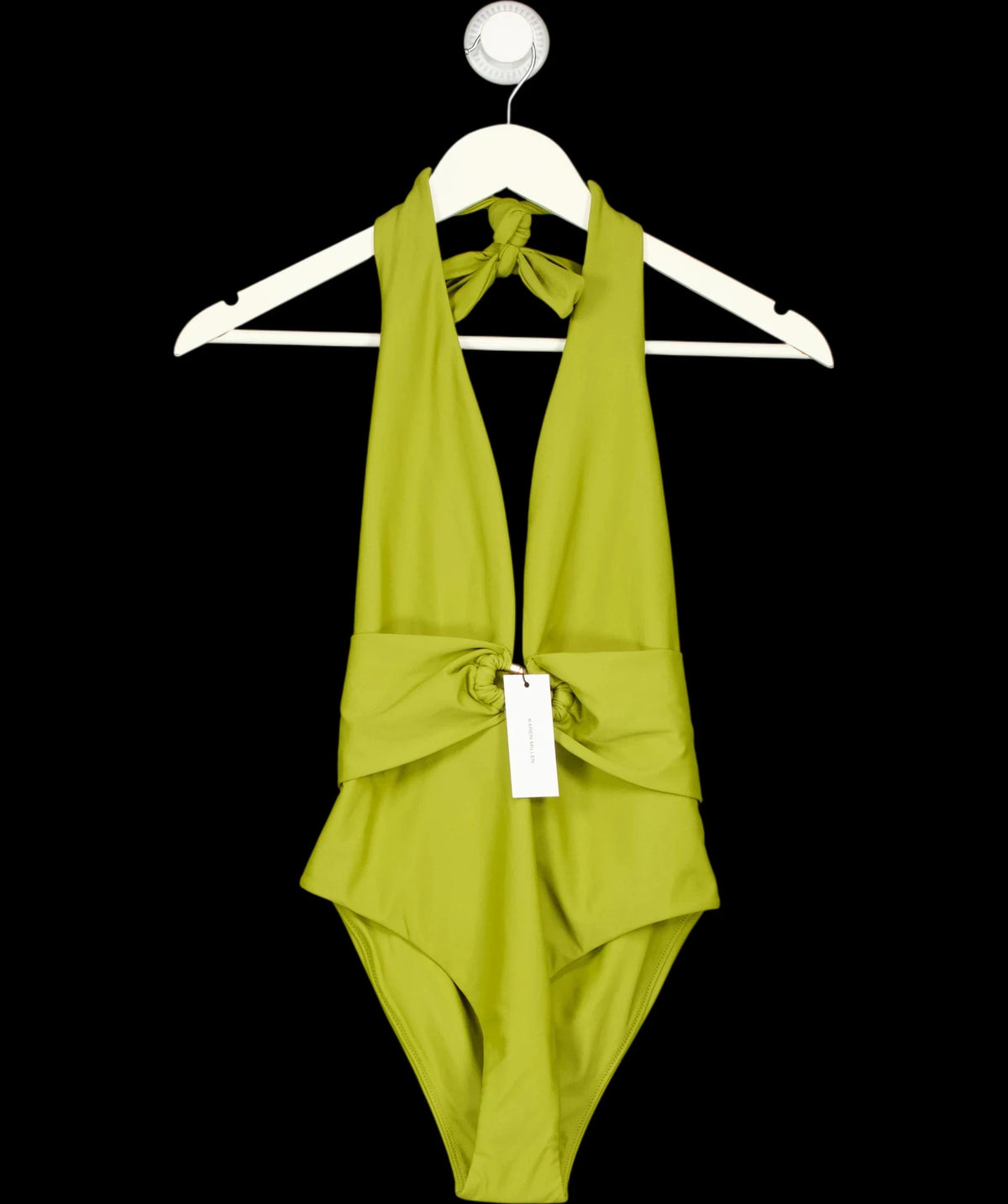 KAREN MILLEN Green Halter Plunging Ring Detail One-piece Swimsuit, size UK XS — detail
