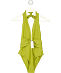 KAREN MILLEN Green Halter Plunging Ring Detail One-piece Swimsuit, size UK XS — front