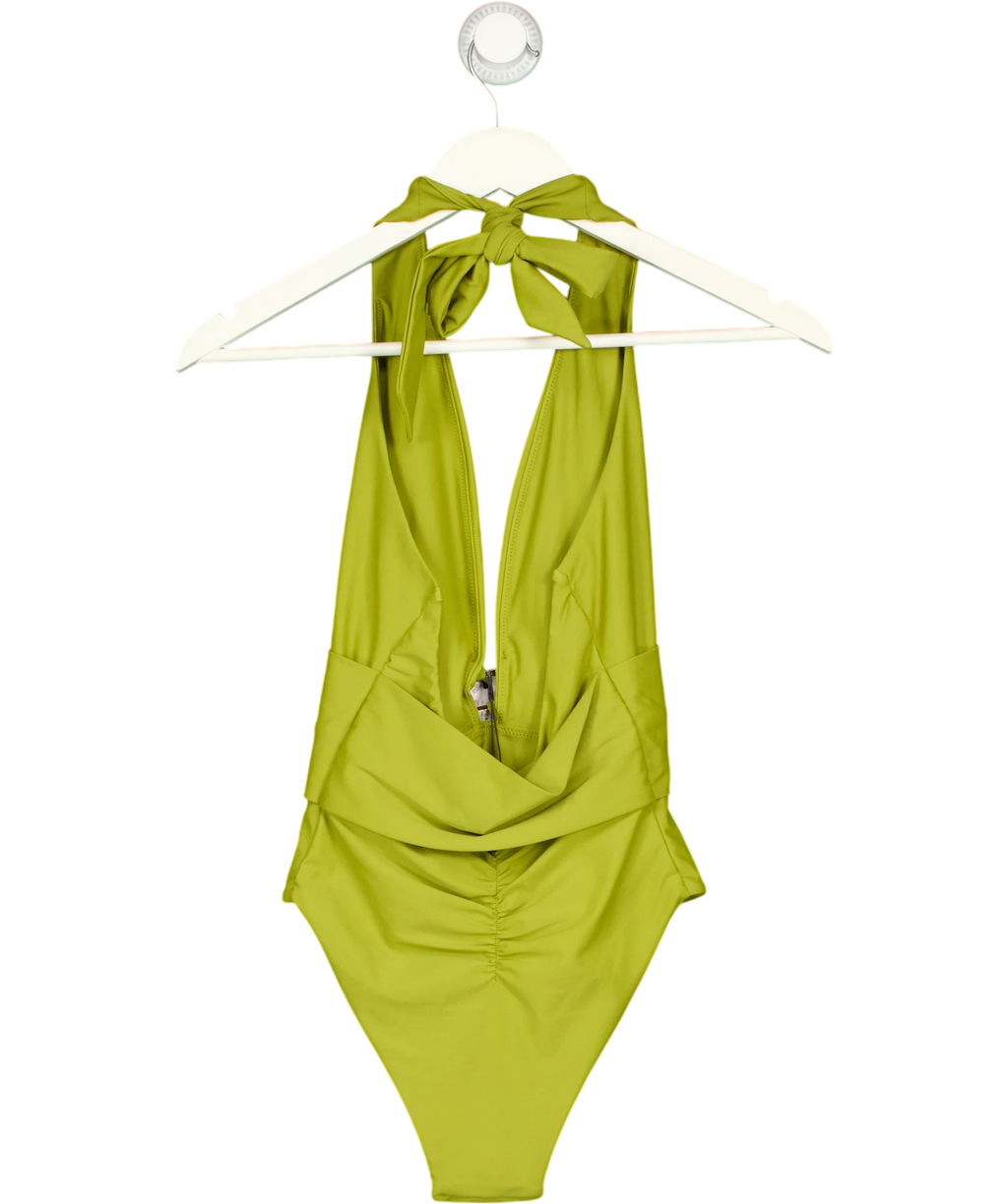 KAREN MILLEN Green Halter Plunging Ring Detail One-piece Swimsuit, size UK XS — back