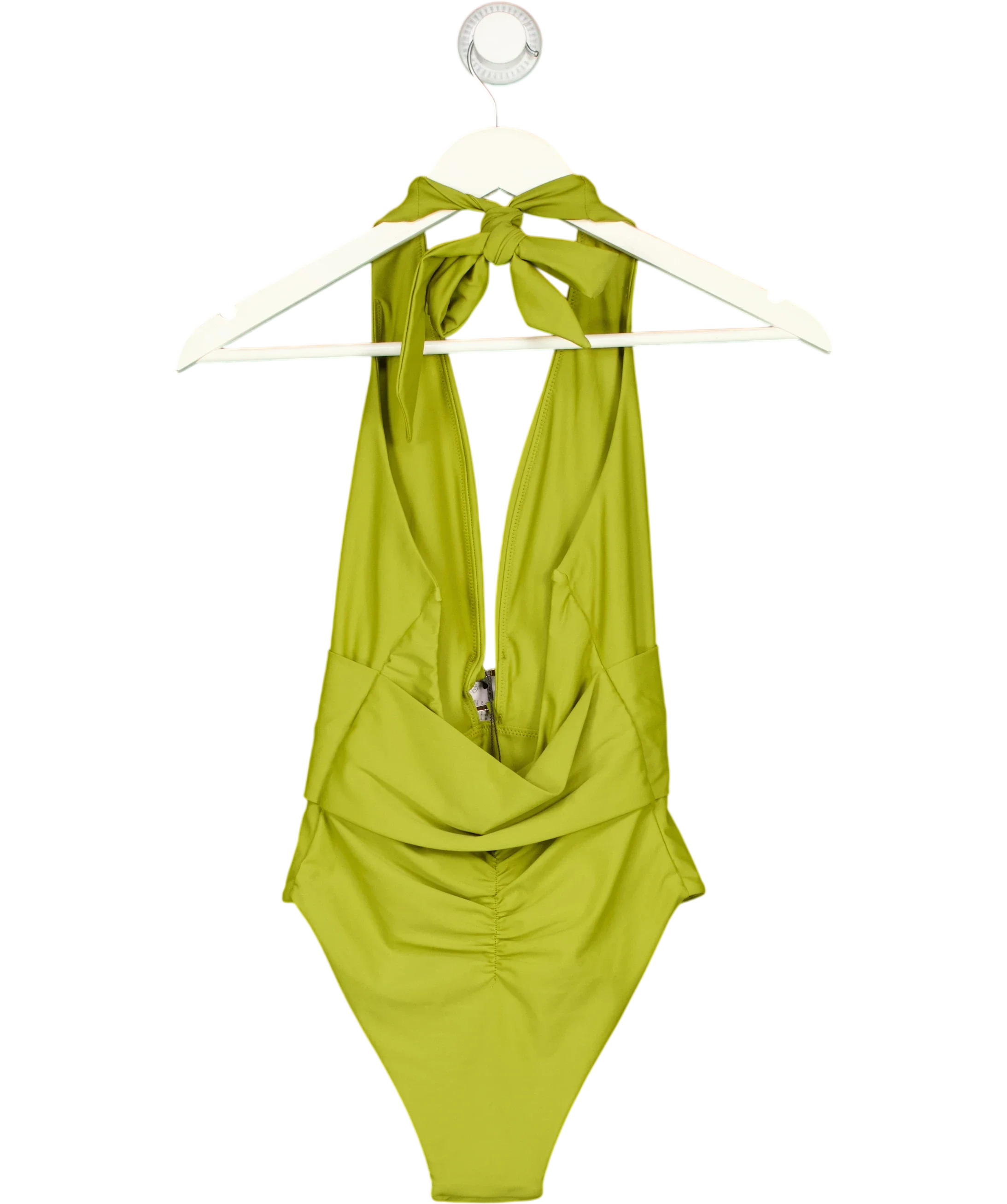 KAREN MILLEN Green Halter Plunging Ring Detail One-piece Swimsuit, size UK XS — back