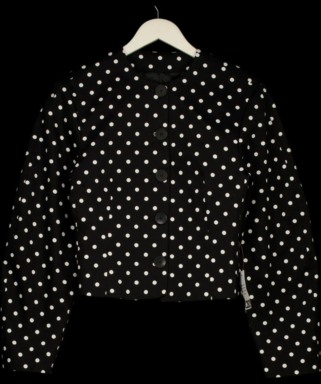 ASOS Black Collarless Blazer with Volume Sleeve in Mono Spot, size UK 8 — detail
