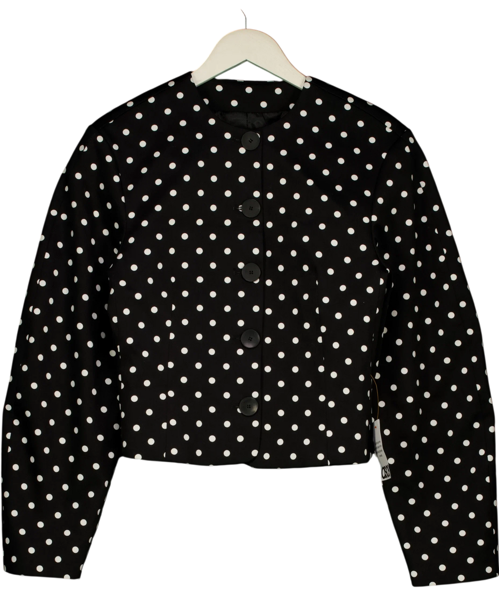 ASOS Black Collarless Blazer with Volume Sleeve in Mono Spot, size UK 8 — front