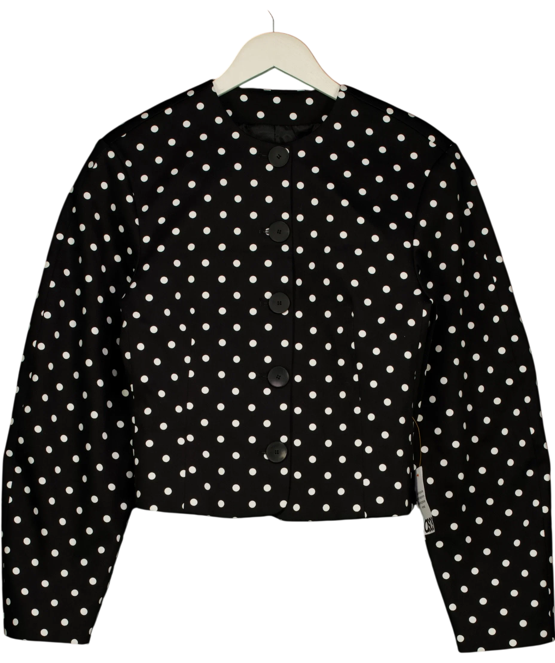 ASOS Black Collarless Blazer with Volume Sleeve in Mono Spot, size UK 8 — front