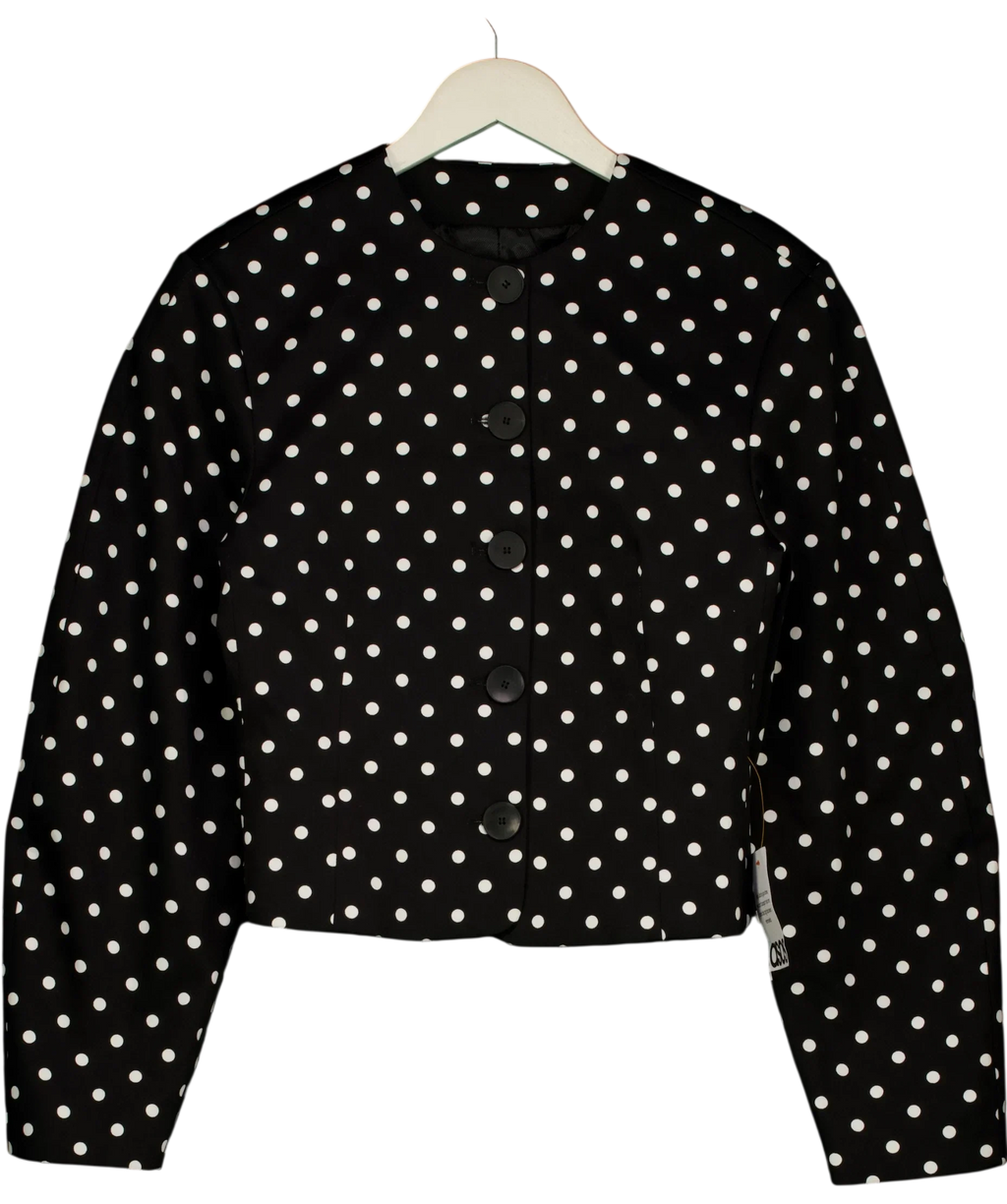 ASOS Black Collarless Blazer with Volume Sleeve in Mono Spot, size UK 8 — front