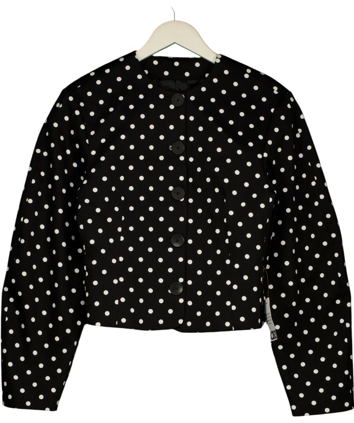 ASOS Black Collarless Blazer with Volume Sleeve in Mono Spot, size UK 8 — front