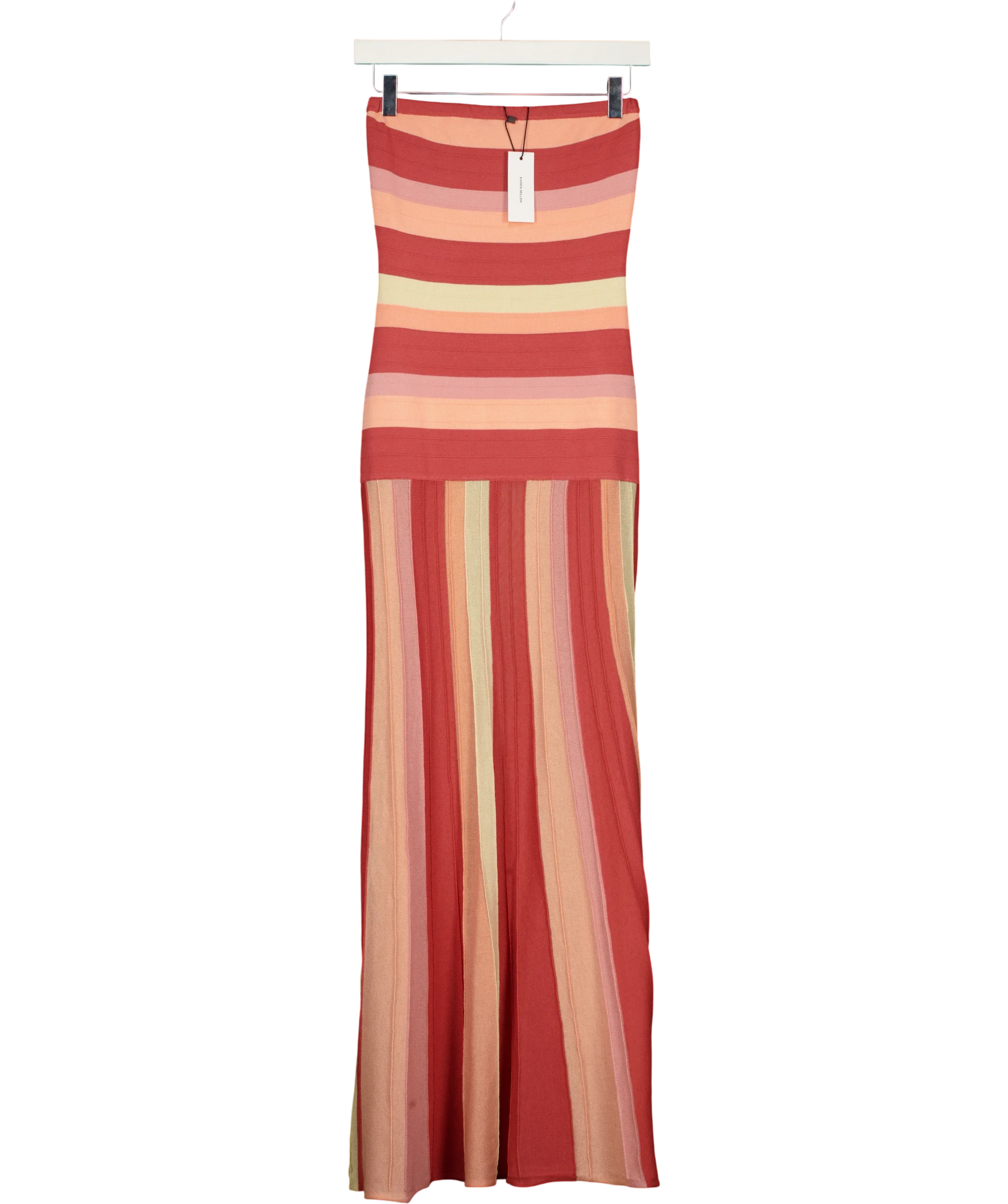 KAREN MILLEN Pink Striped Bardot Knit Maxi Dress Coral  PINK, size UK XS — front