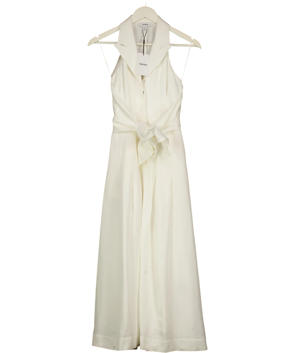REISS White Tor Halterneck Tie Front Midi Dress Ivory white, size UK 4 — front