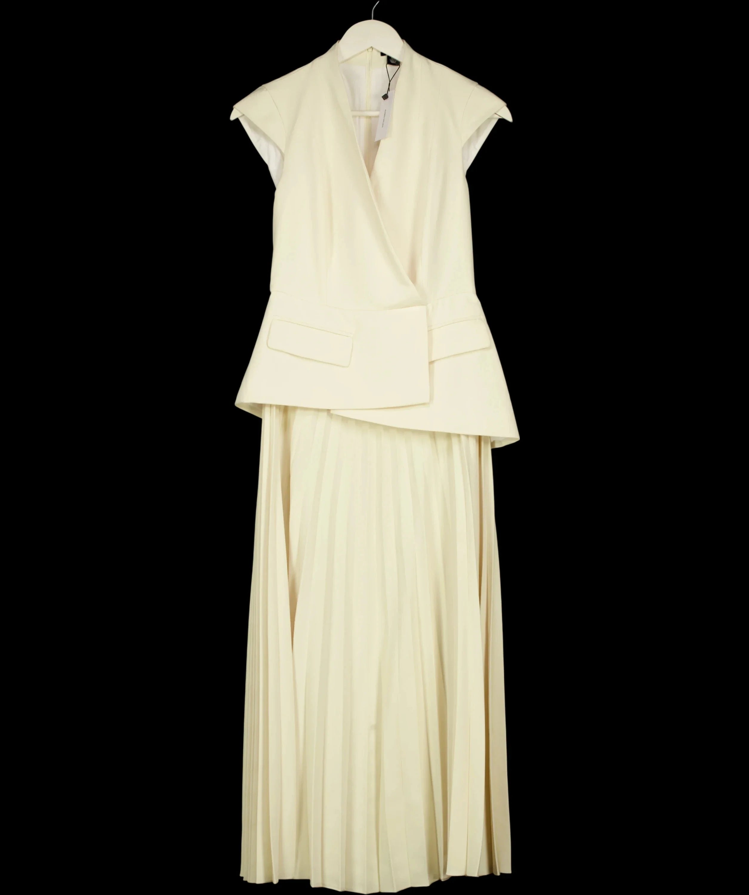 KAREN MILLEN Cream Tailored Crepe Asymmetric Pleat Maxi Dress, size UK 6 — detail