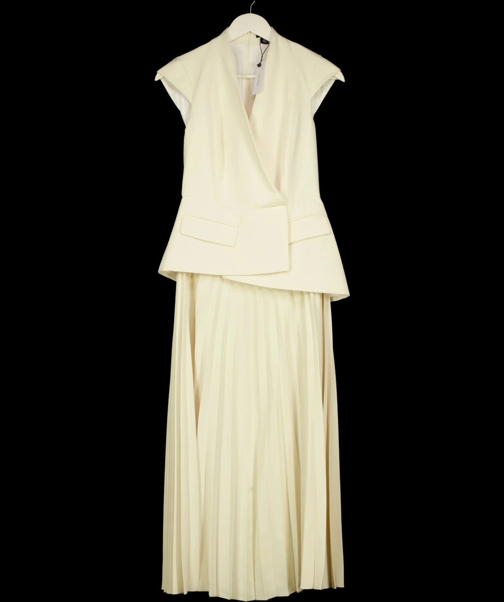 KAREN MILLEN Cream Tailored Crepe Asymmetric Pleat Maxi Dress, size UK 6 — label