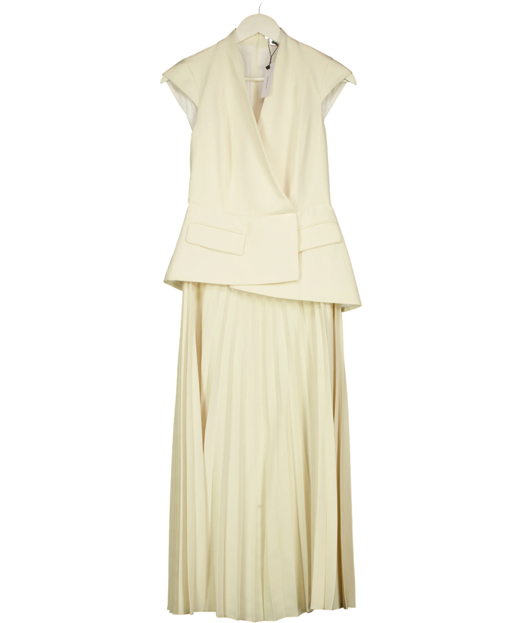KAREN MILLEN Cream Tailored Crepe Asymmetric Pleat Maxi Dress, size UK 6 — front