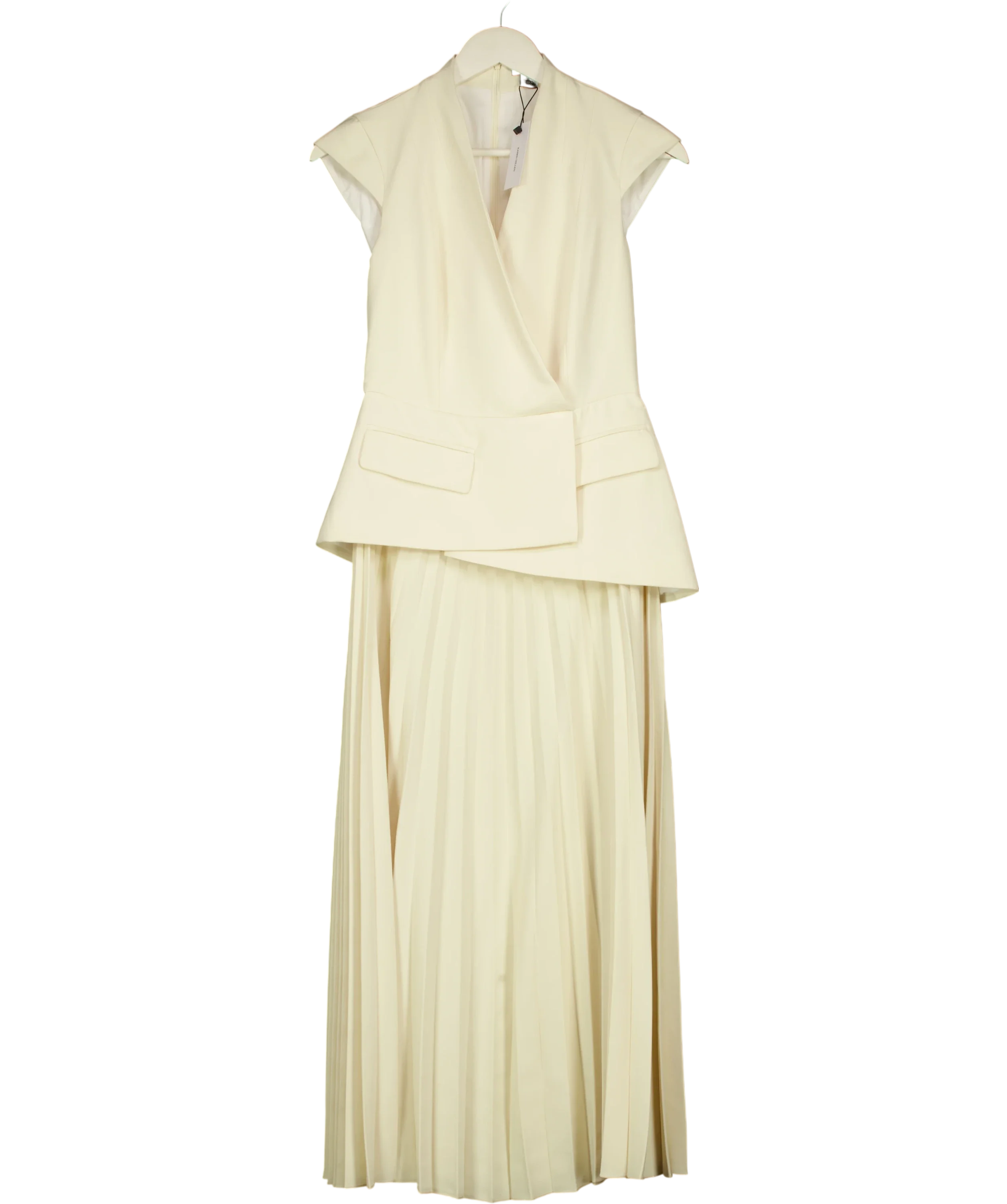 KAREN MILLEN Cream Tailored Crepe Asymmetric Pleat Maxi Dress, size UK 6 — front
