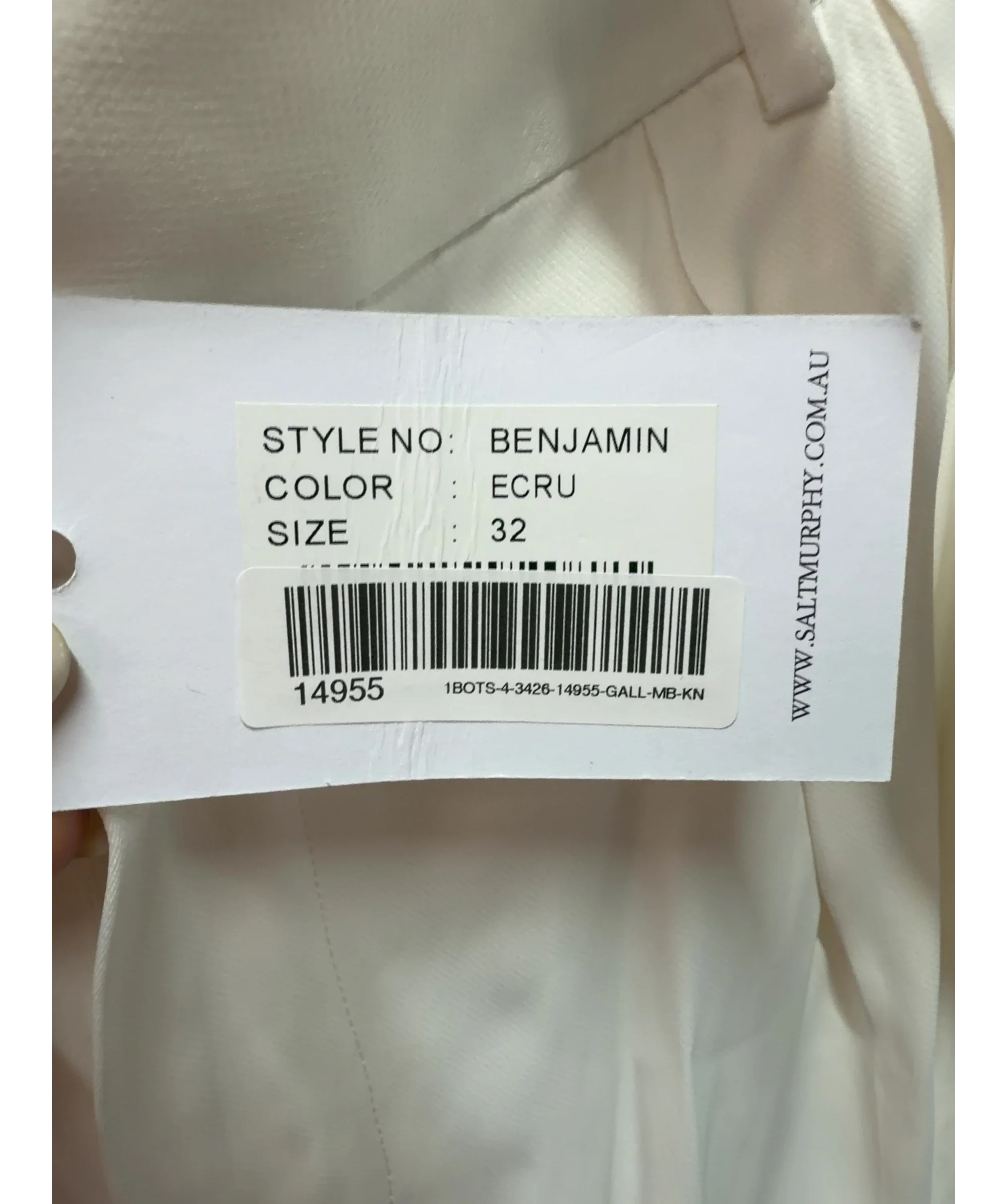 Salt Murphy Cream Benjamin Trousers, size UK 32 — label