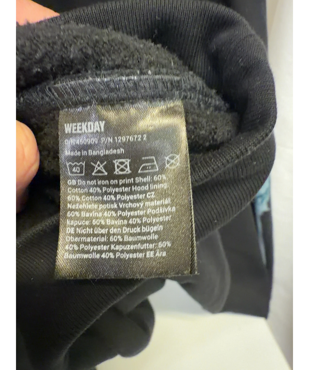 Weekday Black Square Loose Fit Graphic Hoodie, size UK XL — label
