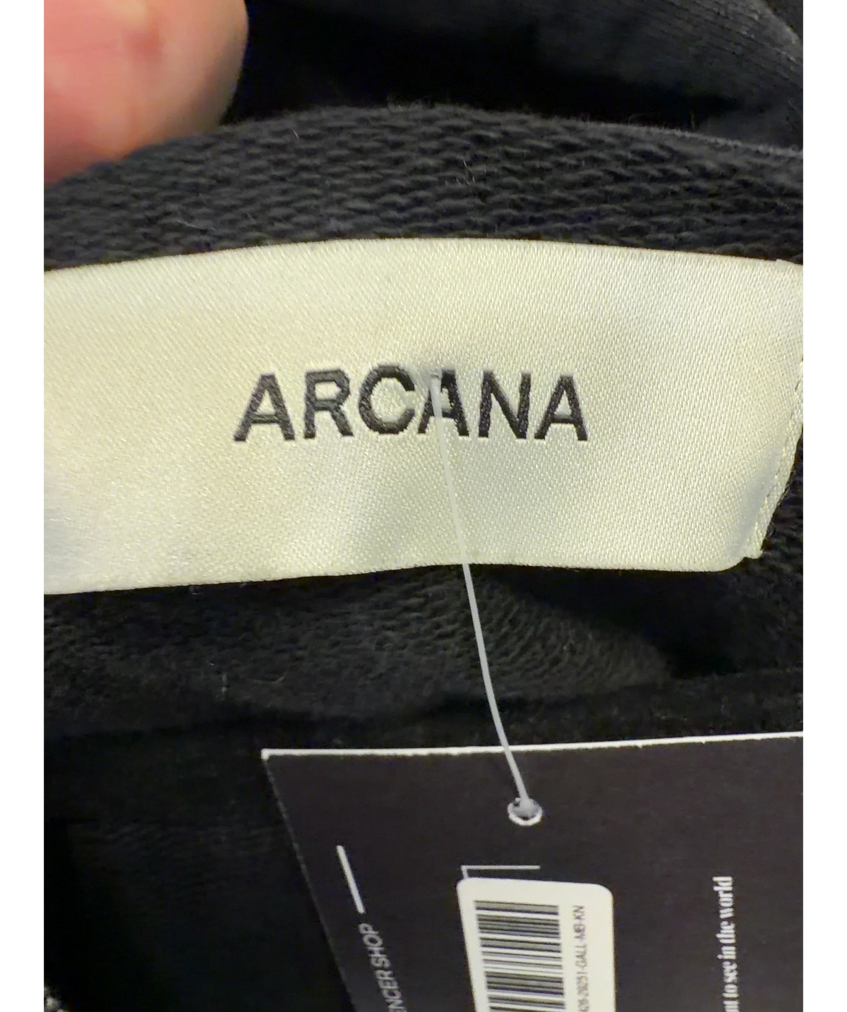 ARCANA Black zip-up hoodie, size UK M/L — detail