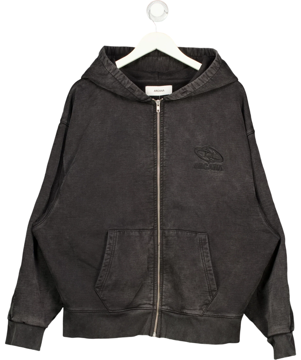 ARCANA Black zip-up hoodie, size UK M/L — front