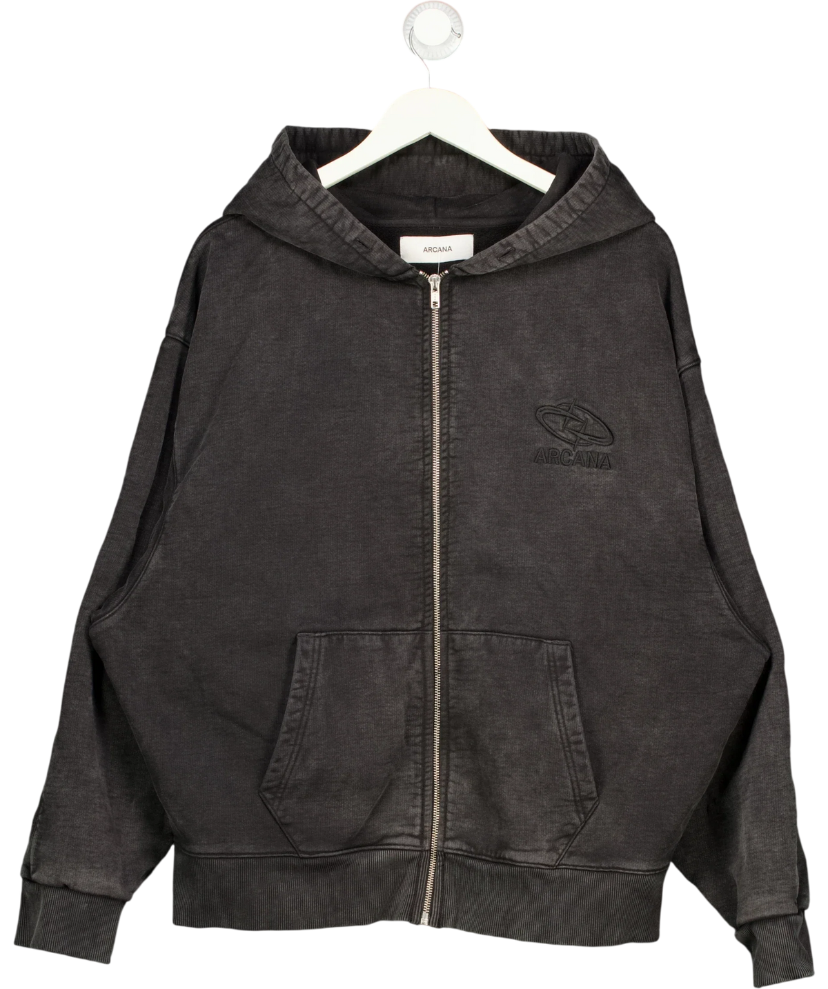 ARCANA Black zip-up hoodie, size UK M/L — front