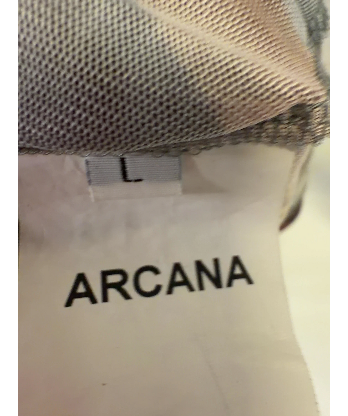 ARCANA Grey mesh / mock neck top with classical painting graphic, size UK L — care label