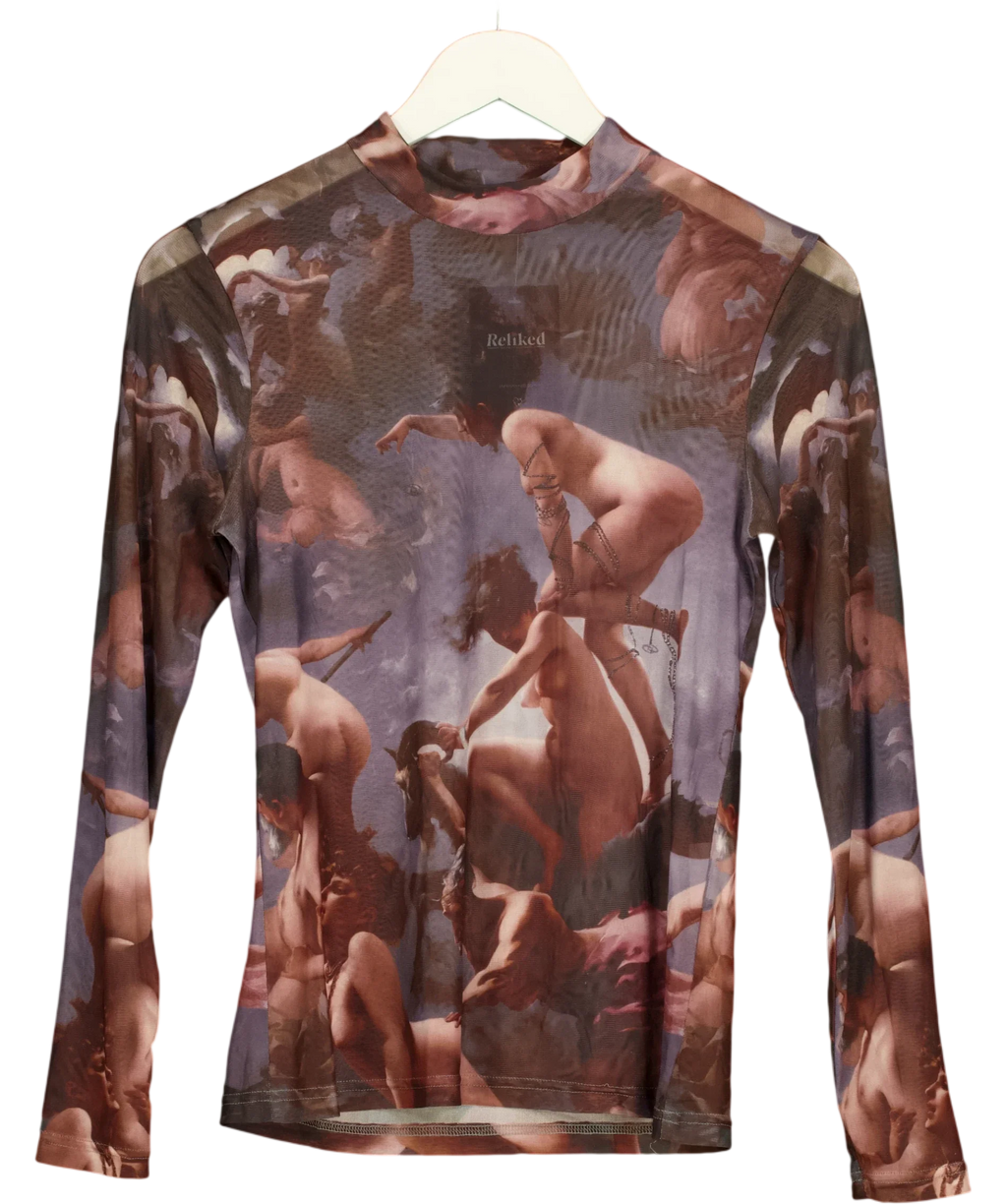 ARCANA Grey mesh / mock neck top with classical painting graphic, size UK L — front