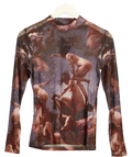 ARCANA Grey mesh / mock neck top with classical painting graphic, size UK L — front