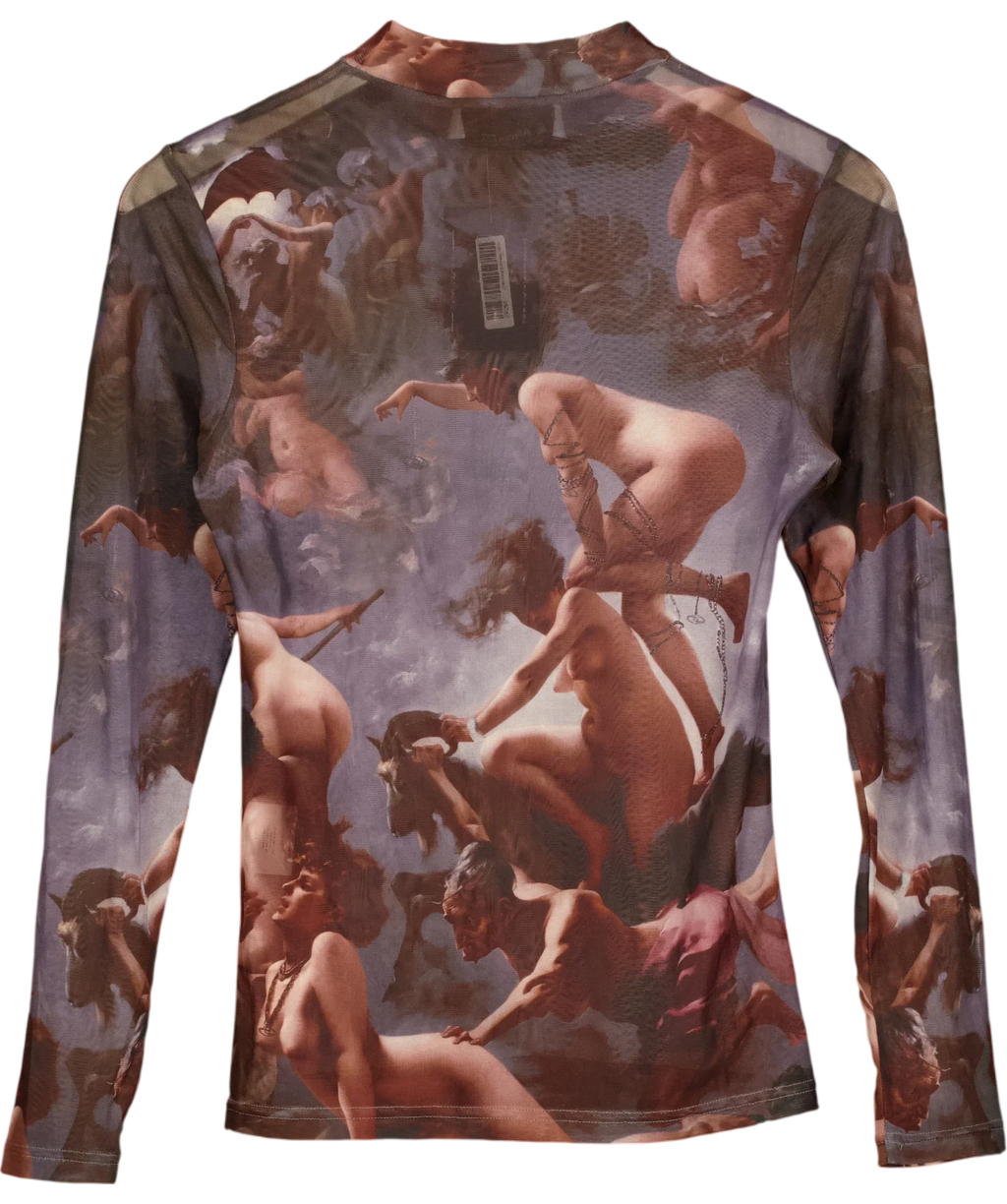 ARCANA Grey mesh / mock neck top with classical painting graphic, size UK L — back