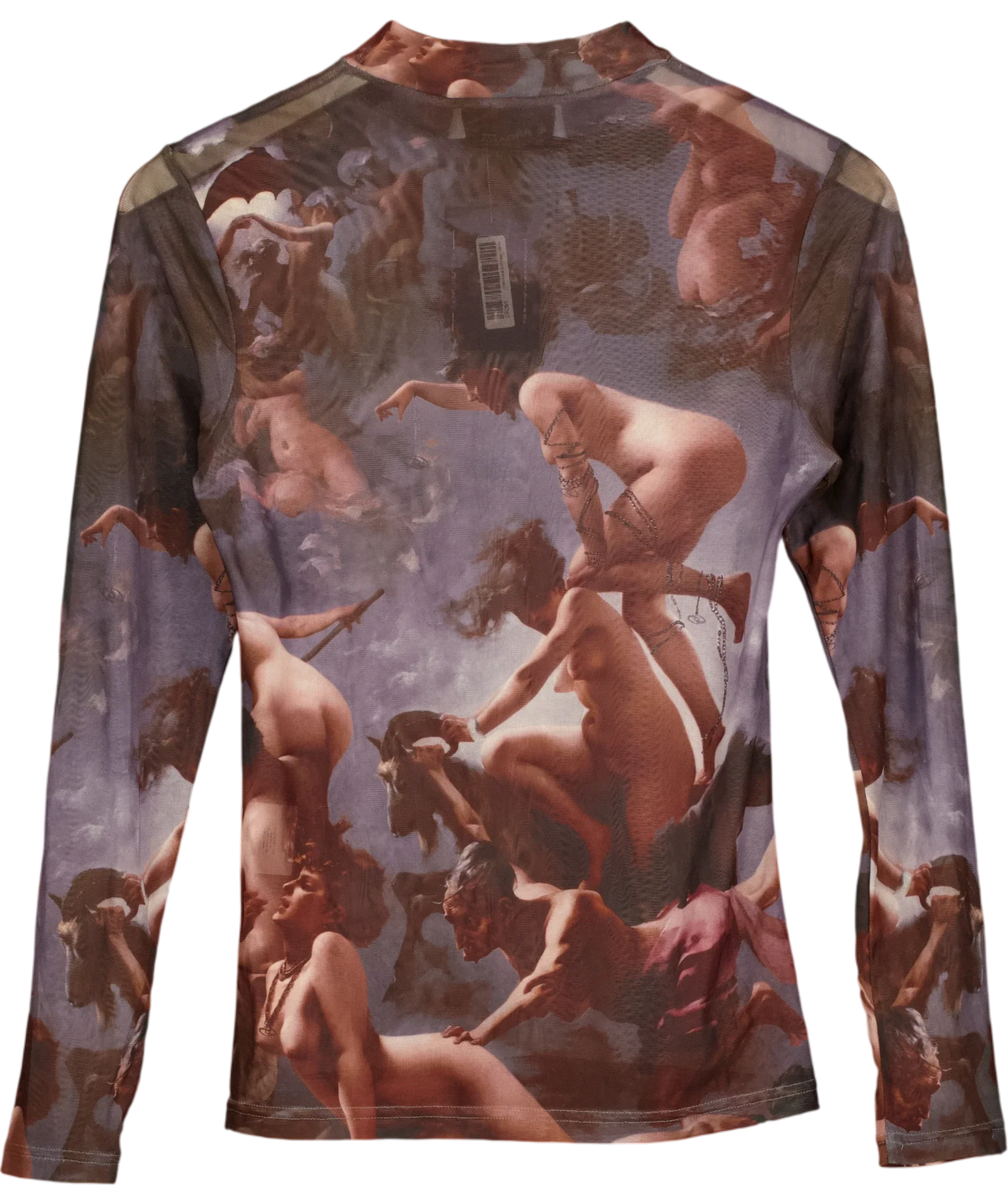 ARCANA Grey mesh / mock neck top with classical painting graphic, size UK L — back