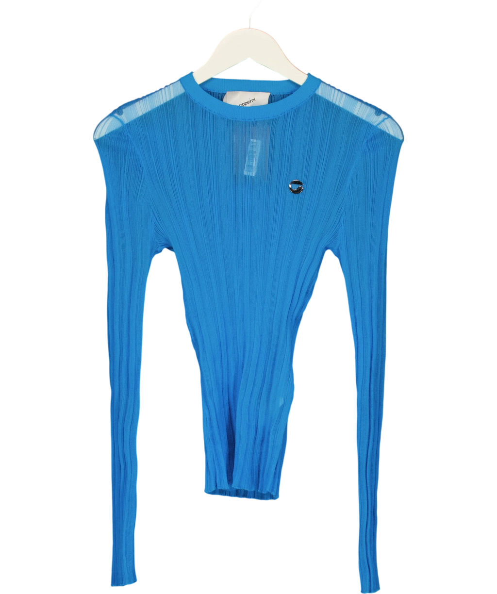 Coperni Blue fine-ribbed knit long-sleeved top, size UK M — front
