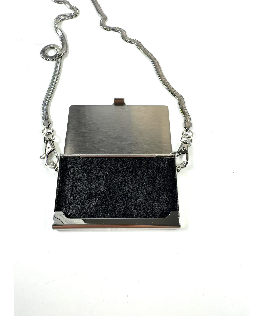 PETER DO silver metal hard-case lanyard/crossbody card case — label